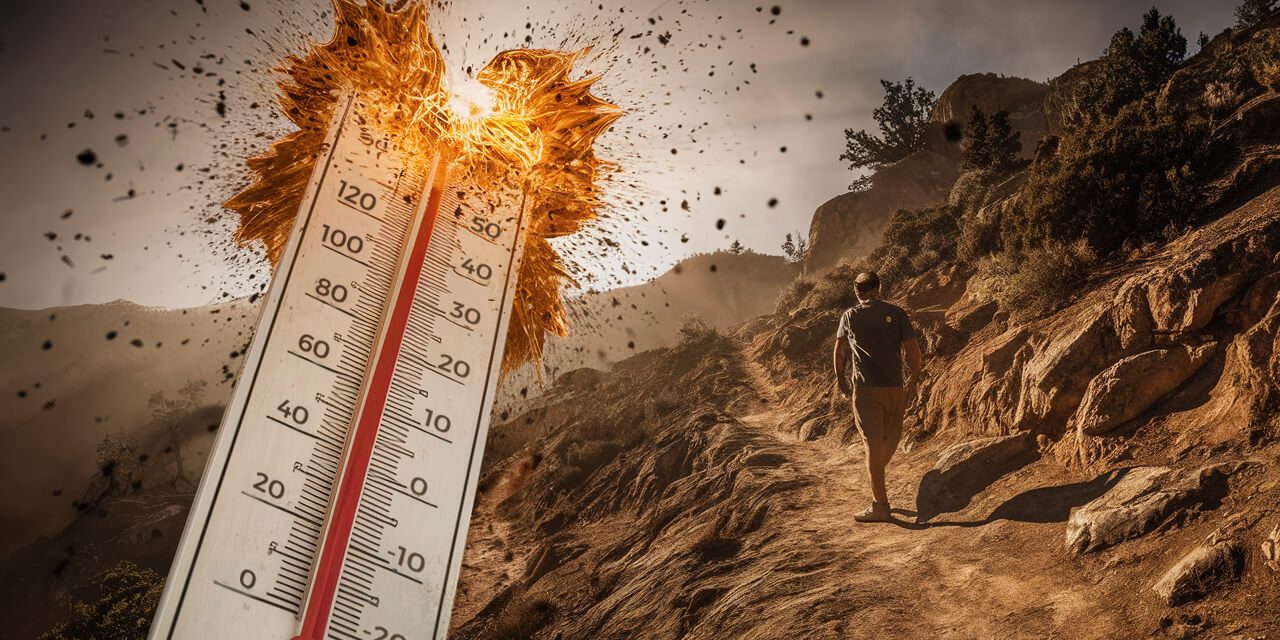a man hiking in extreme heat